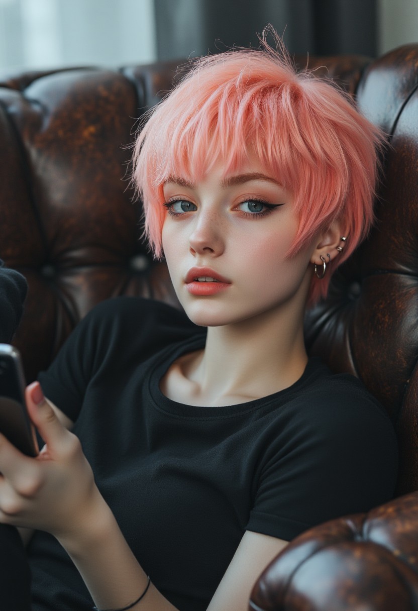 FictionalPeach, punk girl with short pink hair. Laying on the couch looking on her phone