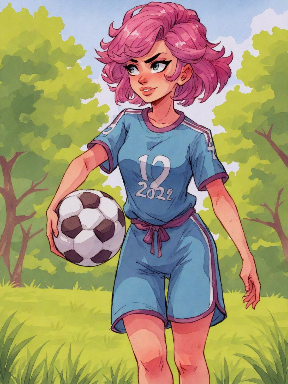 Watercolor style painting, score_9, score_8_up, score_7_up, semirealistic, <lora:Watercolour_Portraits_0.1:1> watercolour,
1girl holding a soccer ball, solo, short pink hair,
outside, simple background, visible paper texture, colorwash, watercolor