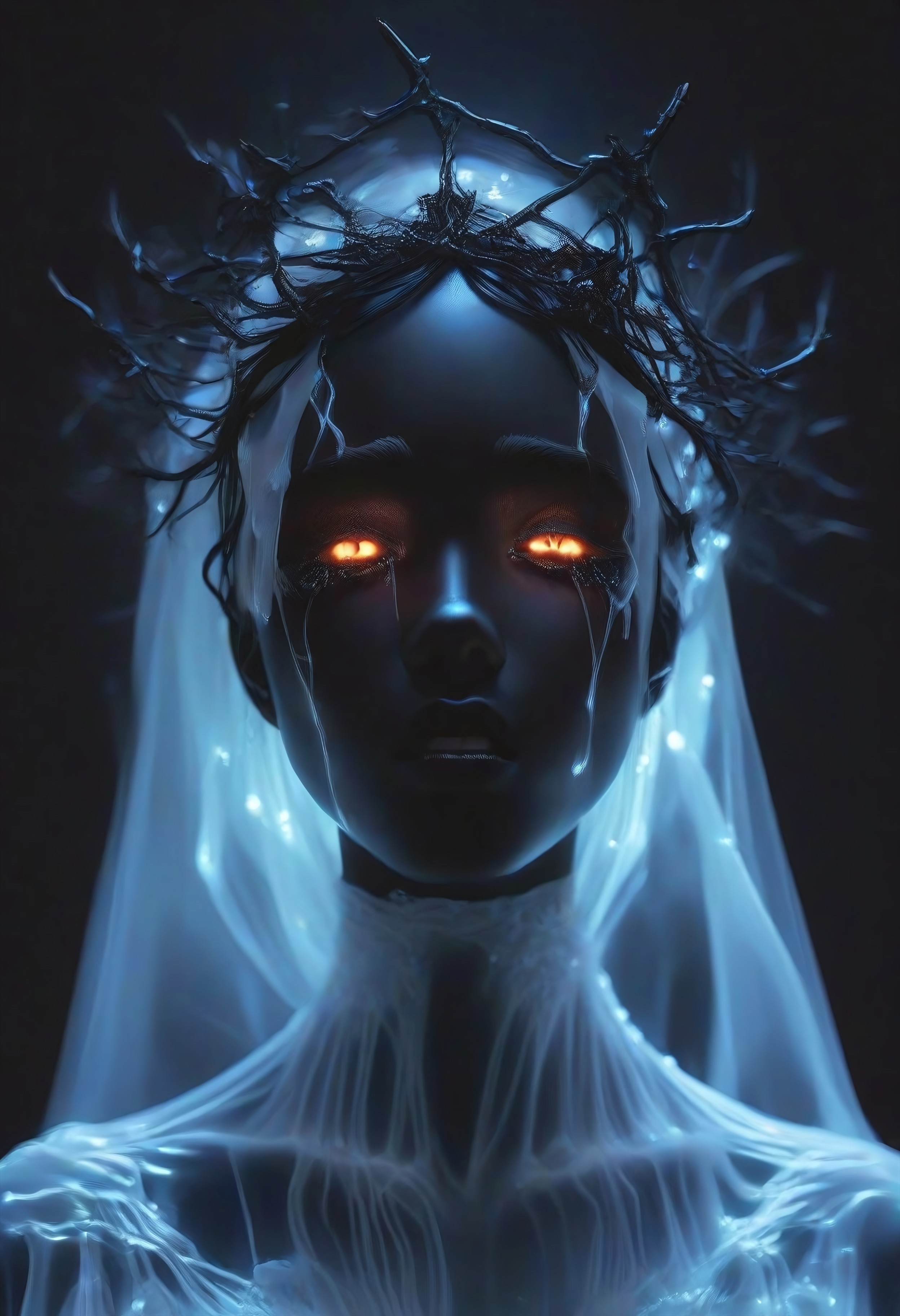 score_9, score_8_up, score_7_up, BREAK, The image is a high-resolution photograph of a person's face, taken in a dramatic, almost surreal style. The subject is a woman with black hair, a fair complexion and striking features. Her body is covered with a black translucent fabric that drapes over her shoulders, creating a ghostly, ethereal effect, which contrasts sharply with the black skin and the black film, white tears, crying, black background