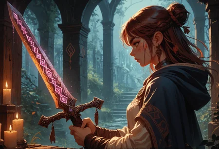 score_9, score_8_up, score_7_up, score_6_up, 1girl, 
 <lora:Flash_Glowing_Runes_PonyXL:1> Glowing Rune Sword, from side,