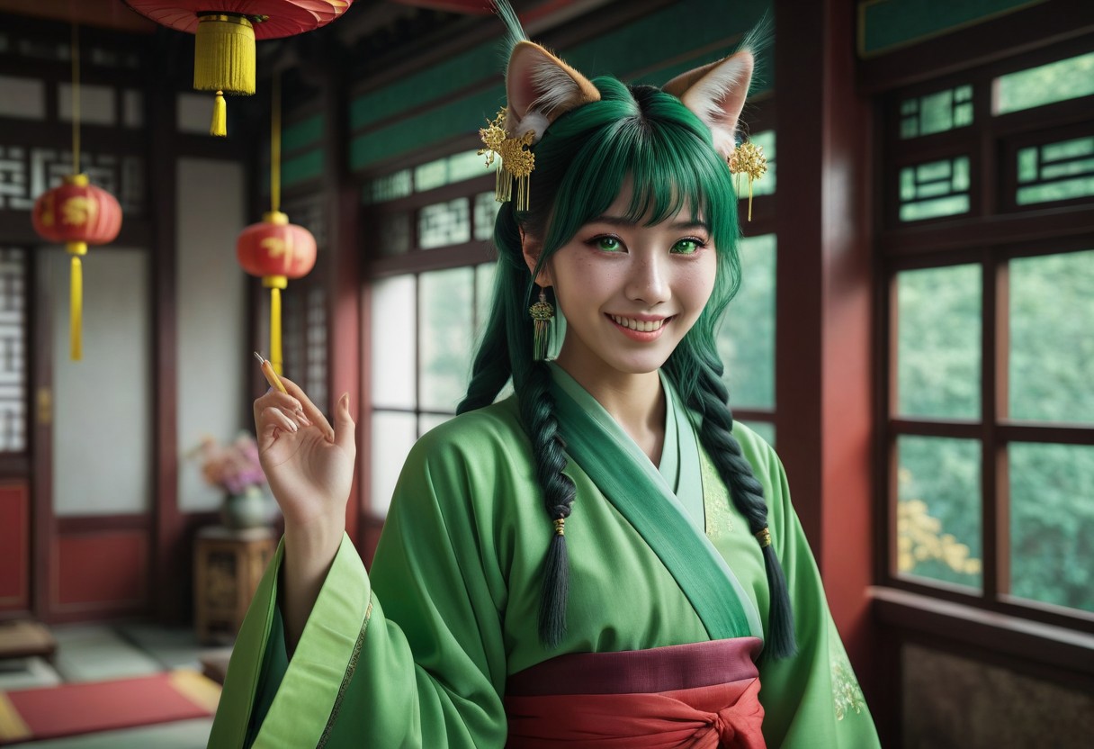 masterpiece, best quality, 8k, amazing quality, photorealistic, scinematic, Volumetric lighting, depth of field, wide angle, cinematic, realistic. 1girl, solo, <lora:Mao Mao:1> ma0ma0_default, green hair, long hair, blunt bangs, hair ornament, twintails, star eyes, freckles, hair over shoulders, multi-tied hair, half updo, chinese clothes,green hanfu, wide sleeves, long sleeves, looking at viewer, smile, animal ears, cat ears, animal ear fluff, excited, open mouth,