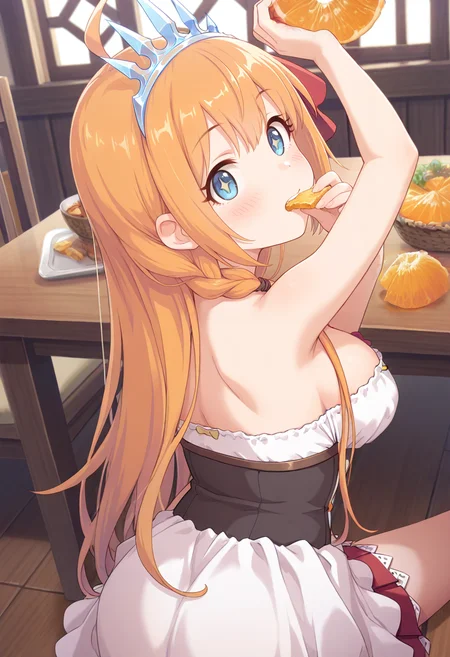 (masterpiece, best quality, high quality, good quality),pecorine \(princess connect!\),eating,orange,+ +,table,indoors,sitting,biting,from behind,POV,arm up,on floor,blue eyes,<lora:Orange_Peel:1>,<lora:breasts_size_slider_illustrious_goofy:1>,<lora:cutesexyrobutts_style_illustrious_goofy:1>,<lora:ponyv4_noob1_2_adamW:1>,