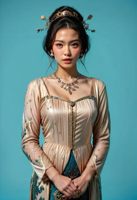 score_9, score_8_up, score_7_up,
(Kebaya), (JDMAI_ARIEL_SARI), pureerosface_v1,
(dynamic lightning), 4k, HD, Hi res, cinematic masterpiece, photographic masterpiece, XXX, from chest to head, standing, (simple turquoise background), (blurry background), (sharp focus on object),
(1girl, 24 years old, goddess, beautiful, supermodel, Instagram model, blushing), bun hairstyle, hair ornament, natural make-up, blushing, glossy lips, silver necklace, silver earrings,