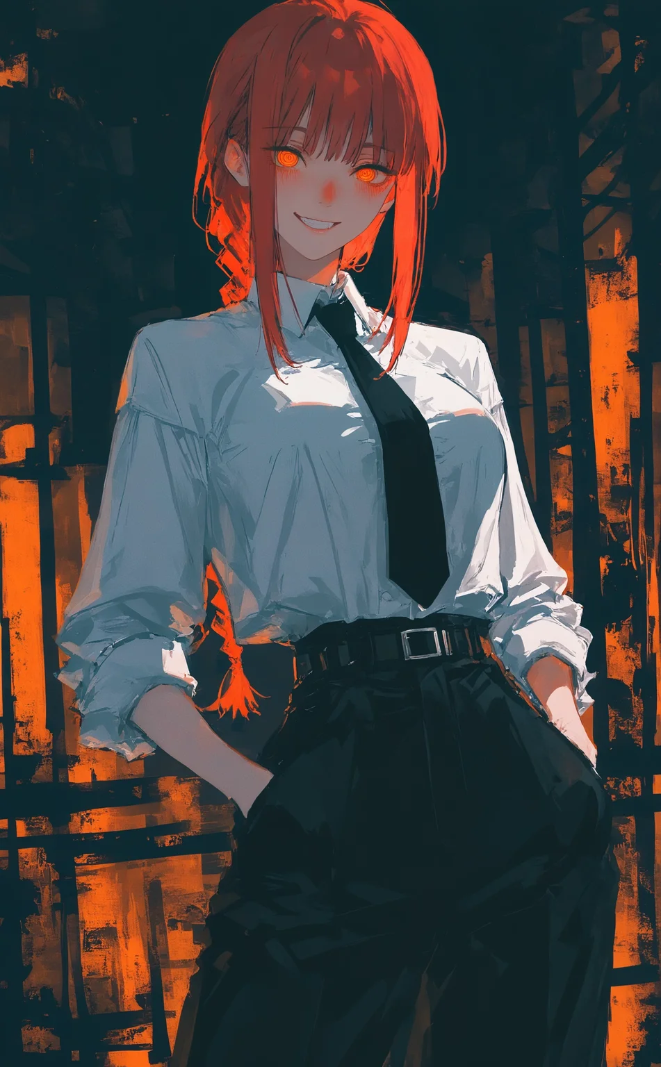 masterpiece, best quality, amazing quality, makima \(chainsaw man\), 1girl, solo, long hair, breasts, looking at viewer, smile, shirt, long sleeves, medium breasts, standing, white shirt, yellow eyes, braid, sidelocks, cowboy shot, red hair, teeth, necktie, collared shirt, pants, medium hair, belt, grin, orange eyes, black pants, black necktie, sleeves rolled up, braided ponytail, shirt tucked in, hands in pockets, ringed eyes, high-waist pants, Cinematic Lighting, Karinami Inkblush mode,thick ink outlines,soft marker gradients,era 2020s indie illustration,(Inkblush style:1.2), <lora:noobai_ep11_stabilizer_v0.138_fp16:0.3> <lora:XXX667:0.6> <lora:lpc_v10:0.7> <lora:96YOTTEA-WAI:0.6> <lora:Karinami_Inkblush_mode_Illustrious_clean:0.6>