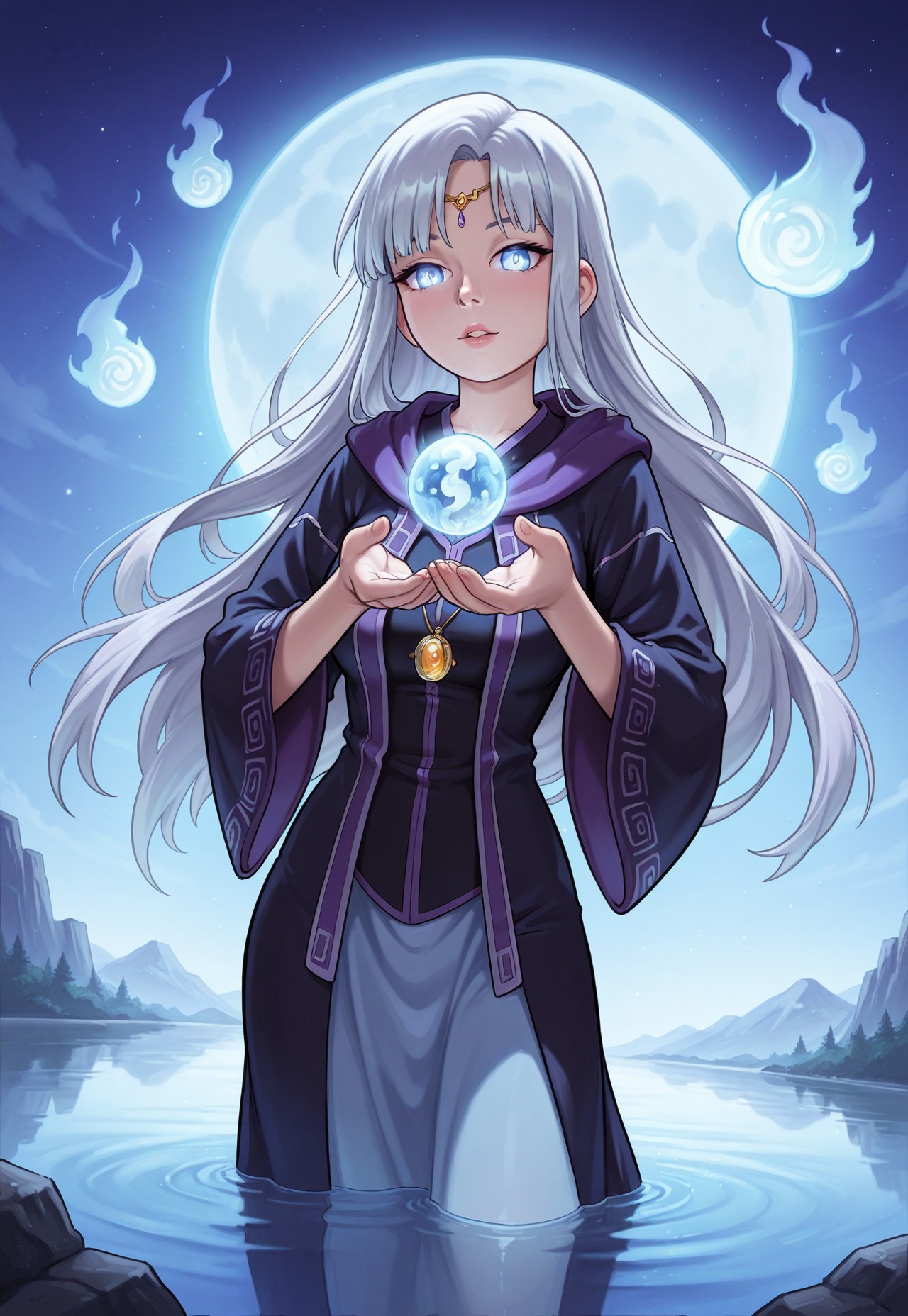score_9, score_8_up, score_7_up, 1girl, solo, ethereal spirit, flowing translucent robes with shimmering celestial patterns, ancient lantern with a glowing orb and intricate engravings, long wavy silver hair adorned with moonstone pendants, realistic, cinematic angle, cinematic lighting, graceful body, serene face, glowing violet eyes, levitating pose
BREAK
floating above a tranquil moonlit lake
BREAK
source_fantasy_art, rating_explicit, expressive, full body, elegant pose
BREAK
detailed beautiful background, serene moonlit lake with calm waters and reflecting moonlight, ancient stone bridge and weeping willows, distant mountains with a soft glow, mystical atmosphere with a sense of peace and tranquility
<lora:Expressive_H:0.6>Expressiveh, (SimplepositiveXLv1:1.3), (upper body, full clothed:1.85) ((masterpiece)) (ultra realistic, 32k, masterpiece:1.2), (high detailed skin:1.1), (high quality:1.1) (((full clothed))) <lora:DandonFuga_Style_v.2_-_Pony:0.8> 
<lora:add-detail-xl:1> 
<lora:Dynamic Poses:1>