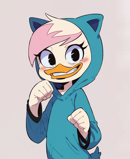 score_9, score_8_up, score_7_up, score_6_up, best quality, highres, source_furry BREAK ppp BREAK
1girl, female, solo, white background, duck, beak, lena sabrewing, young, child, white skin, white hair, pink highlights, short hair, glistening eyes, black eyes, blush, happy, looking at viewer, clenched teeth, paw pose, teal cat onesie, fake cat ears <lora:Lena_Sabrewing:1>