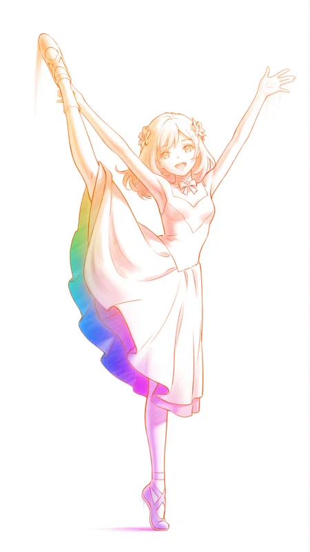 <lora:Colored pencils_illustrious-000098>,
<lora:Maria Mikhailovna Kujou (5):1>,
1girl,dress,smile,waving,
smile,looking at viewer,open mouth,upper body,hair flower,flower,bow,bowtie,
monochrome,simple_background,white_background,colorful,multicolored,socks,mary jane shoes,ballet,one leg up,split,dancing,flash