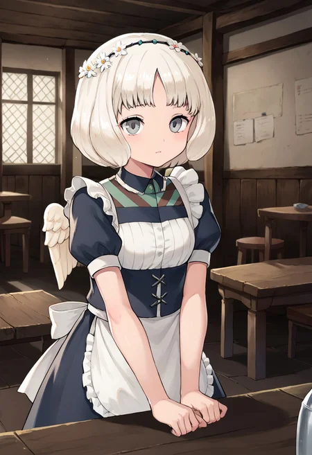 score_9, score_8_up, solo, 1girl, flower diadem, medium hair, blonde hair, parted bangs, grey eyes, medieval tavern, maid, maid headress, frills, cute, indoors, inn, little wings,