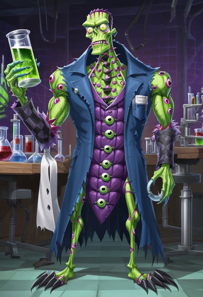 a skinny fleshmutant frankenstein's monster covered in eyes holding a beaker inside of a laboratory,patchwork creature,patchwork skin,full body,2d,anime