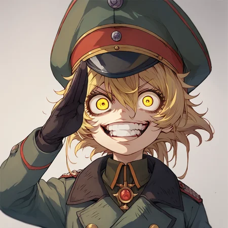 score_9, score_8_up, score_7_up,
TanyaDegurechaff, coat, 1girl, solo, looking at viewer, short hair, blonde hair, gloves, hat, hair between eyes, yellow  eyes, military, peaked cap, military hat, salute,crazy expression
,score_9, source_anime
 ,<lora:TanyaPonyV2:0.8>