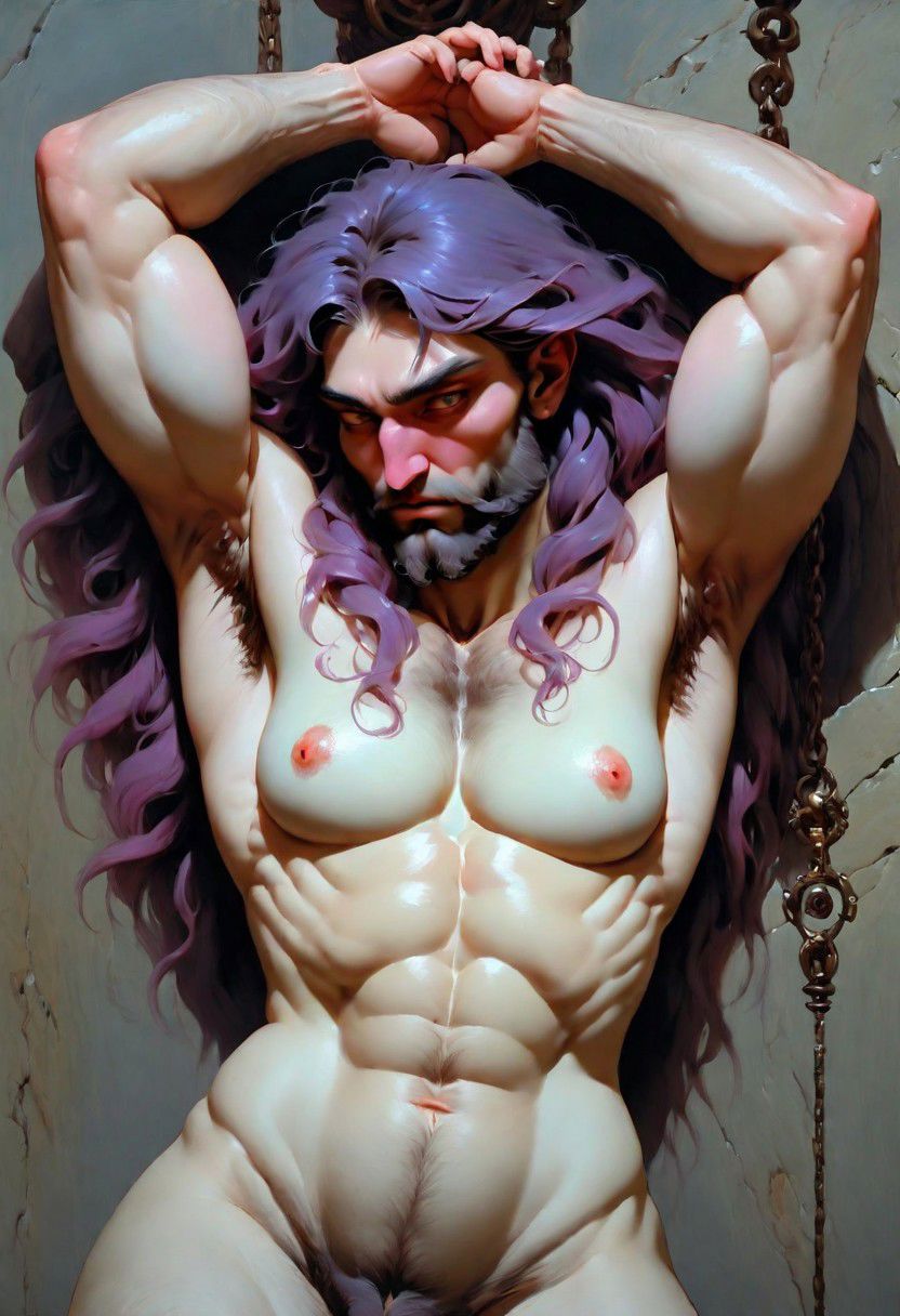 ASCIIFantasy painting, masterpiece by Roberto ferri, androgynous, detailed closeup, dungeon _party, cyberpunk, vaporwave, hairy armpits, muscular