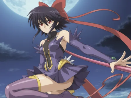 kaganoai, magical girl, leotard, purple thighboots, skirt, 1girl, black hair, (sidelocks), spiked hair, red eyes, <lora:MagicalGirlAISDXL-16-16-prodigy:0.85>, (short hair:0.7), hairbow, hair ribbons, serious, bare shoulders, dark, detached sleeves,