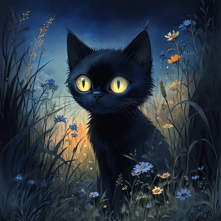 <lora:Dark_GhibliSDXL:1> Studio Ghibli Dark Fairytale, The image is a digital illustration of a black cat sitting in a field of tall grass and wildflowers. The cat is facing towards the right side of the image with its head turned slightly to the left. It has large round yellow eyes that are glowing blue. The background is dark and cloudy with a hint of blue and orange. The overall mood of the illustration is mysterious and eerie. The image has a dreamy ethereal quality to it., cat, no humans, flower, grass, nature, black cat, outdoors, solo, tree, looking at viewer