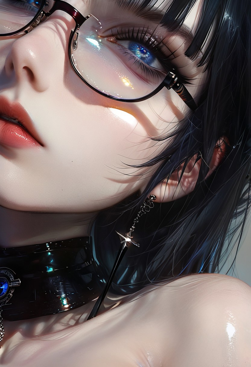 raw lighting, overexposed, harsh flash,,score_9, score_8_up, score_7_up, score_6_up,masterpiece, ultra-realistic 8k, (best quality), highly detail, sharp, detailed,higher resolution textures, 4k graphic resolution,  1girl, solo,beautiful girl, perfect eyes, sexy, cute face,pose,seductive pose, goth girl,blue eyes,oily skin,shiny skin, black hair hime cut,glasses,looking downwards,gigantic breasts, Heavy Breasts,delicate body, music stage, hosting live music performances,Expressiveh ,at3r4