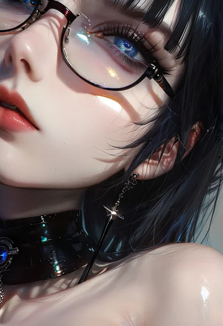 raw lighting, overexposed, harsh flash,,score_9, score_8_up, score_7_up, score_6_up,masterpiece, ultra-realistic 8k, (best quality), highly detail, sharp, detailed,higher resolution textures, 4k graphic resolution, 1girl, solo,beautiful girl, perfect eyes, sexy, cute face,pose,seductive pose, goth girl,blue eyes,oily skin,shiny skin, black hair hime cut,glasses,looking downwards,gigantic breasts, Heavy Breasts,delicate body, music stage, hosting live music performances,Expressiveh ,at3r4