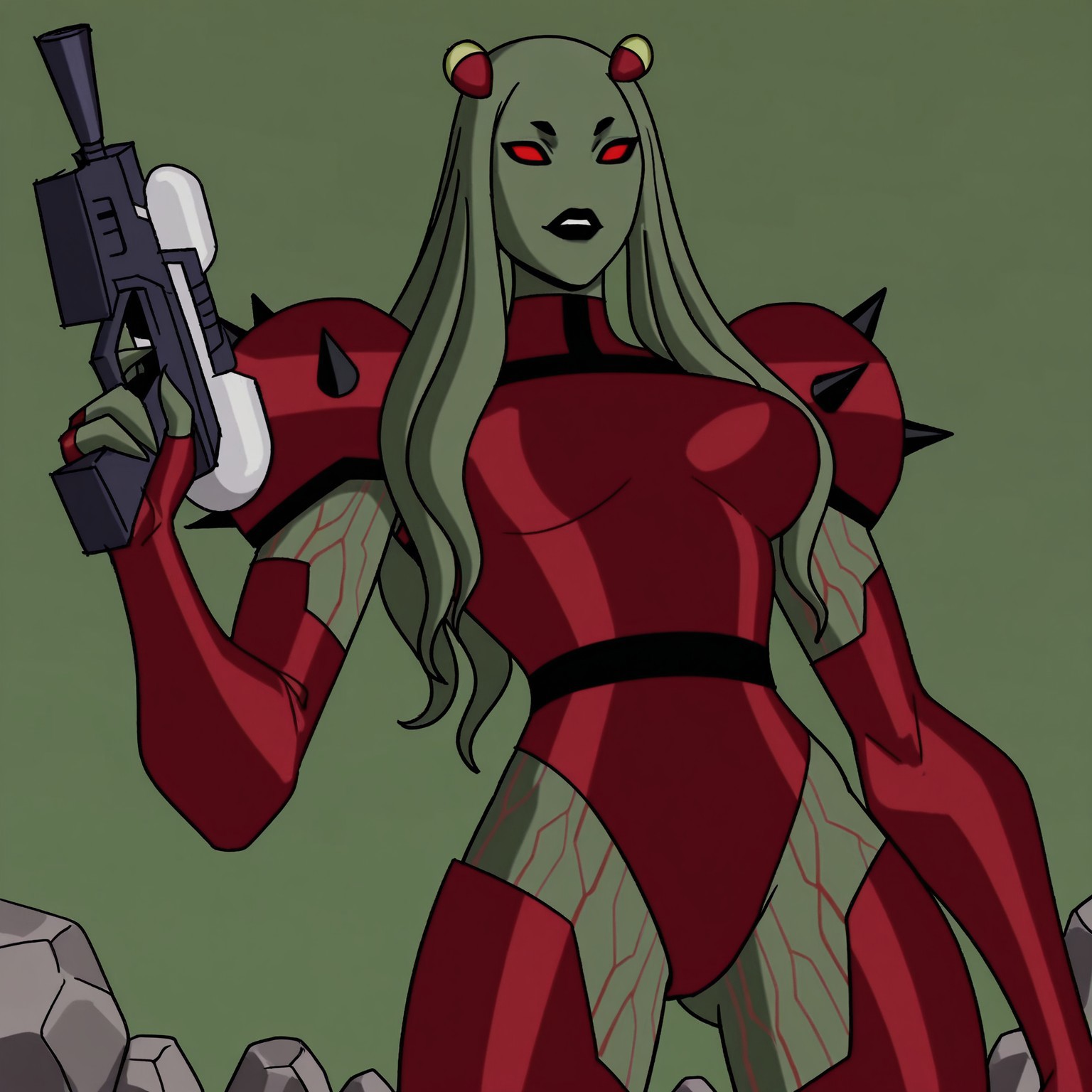 8k, uncensored, masterpiece, best quality, highly detailed, realistic, 1girl, solo, MyaxxBTOV, noseless, black eyebrows, short eyebrows, black sclera, no pupils, black lips, tentacle hair, olive green body, olive green skin, red line markings, breasts, angry, teeth, closed mouth, (looking at viewer), green background, green sky, low-angle view, gravel, rocks, front view, detailed background, upper body, head accessory, red armor, spiked shoulder pads, red arm armor, fingerless armwear, leg armor, ((4 fingers)), (space gun, holding space gun), attacking viewer