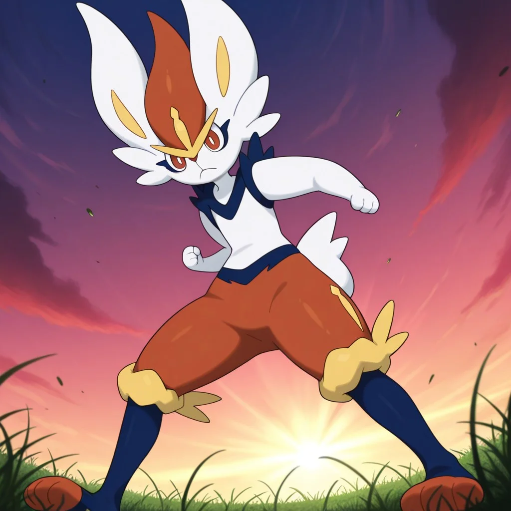 masterpiece, best quality, amazing quality, cinderace, furry, anthro, solo, pokemon (creature), white fur, red fur, blue fur, three-tone fur, red hair tuft, yellow eyebrows, red eyes, white pupils, blue underlines, orange nose, long ears, yellow knee tufts, rabbit tail, paw pads, fight stance, serious, from below, dynamic, outdoors, grass
