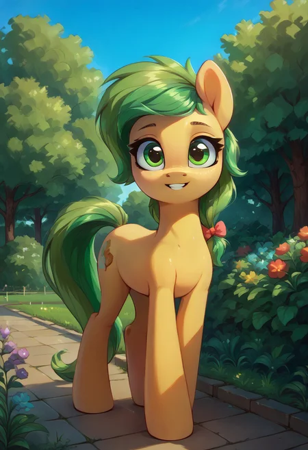 safe_pos, safe_pos, score_9, score_8_up, score_7_up, score_6_up, body light gray,
yellow body
green eyes
green hair and tail with pigtails and bows
Apple Fritter
realistic illustration, dramatic angle, outside, garden, (day), , solo, pony, my little pony, body, shiny skin, looking at you, happy playful, cheerful dramatic
solo