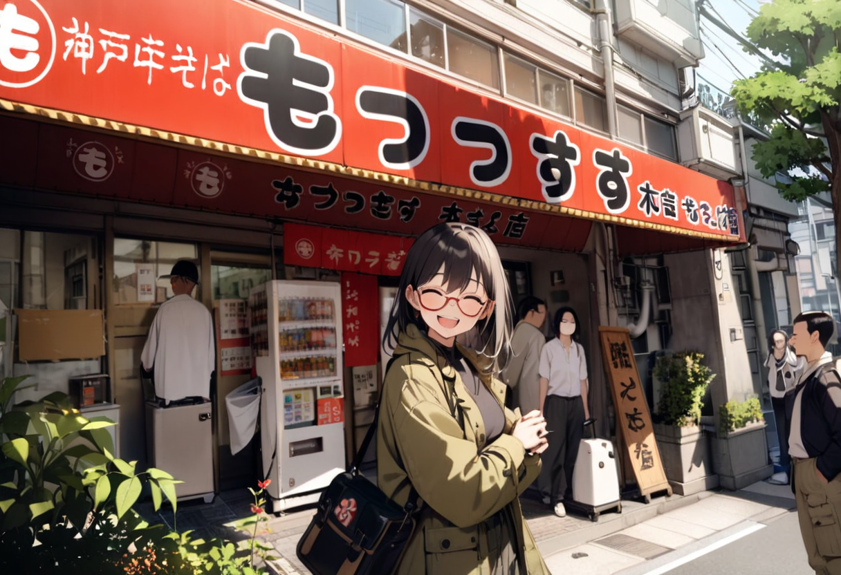 masterpiece, best quality, very aesthetic, absurdres,
1girl, solo, glasses, black hair, long hair, field jacket, cargo pants, black bag, smile, laughing, looking at viewer, solo focus,
moccos, scenery, storefront, japan, ground vehicle, car, multiple boys, outdoors, real world location, scenery, 6+boys, plant, building, tree
 <lora:moccos_ramen_JAPAN_storefront_SDXL_V2:0.8>