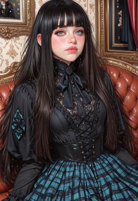 (((masterpiece,amazing quality,best quality,ultra-detailed,8K))),illustration, amazing quality, newest, absurdres, realistic, vivid colors, source_realistic,
score_9_up,score_8_up,score_6_up,score_7_up,
BREAK
morimee_style, cute face, 1girl,skirt,gothic,bangs,pale skin,hime cut,victorian clothes,jewelry,hyper detailed,details,laced patterns,sofa,messy hair,sweat,blush