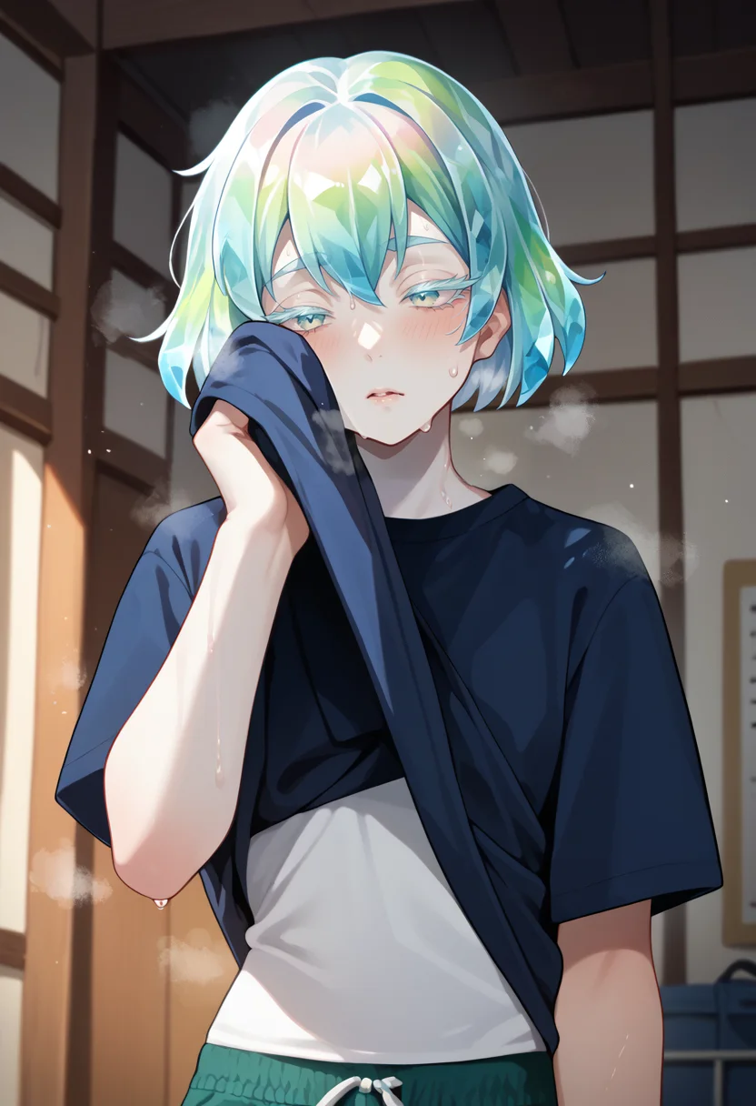 score_9, score_8_up, score_7_up, wiping face, wiping sweat, lifted by self, shirt lift, shirt, sweat, <lora:WipingSweat_pdxl_Incrs_v1:1>, cowboy shot,  <lora:Hoseki_HousekiNoKuni_Diamond_PDXL_v1:0.8> hskdmnd, white skin, crystal hair, colored eyelashes, multicolored hair, short hair, casual, indoors, heat, steaming body,