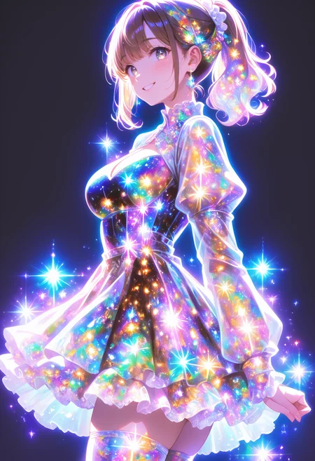 score_9, score_8_up, score_7_up, source_anime, masterpiece, best quality, perfect anatomy, very aesthetic, ((outlined outlined vector graphics)),no norm,
, cute face, (glow eyes:0.8), 1girl,   black background ,
20yo, brown hair, gray eyes, (large breast:1.1), (ponytail:1.1), medium hair,(curvy:1.1),bangs, ,solo, glittering, glowing, simple background,   side view ,  looking at viewer , smile, __nomal_mouth__,
, looking at viewer, blush, short hair, bangs, thighhighs, long sleeves, dress, jewelry, medium breasts, cowboy shot, earrings, puffy sleeves, colorful, colorful milkyway outfit, happy, milkyway outfit,,milkyway hair, milkyway eyes , green  dress,   standing ,  ,  ,  <lora:milkyway-outfit-01:1.0>