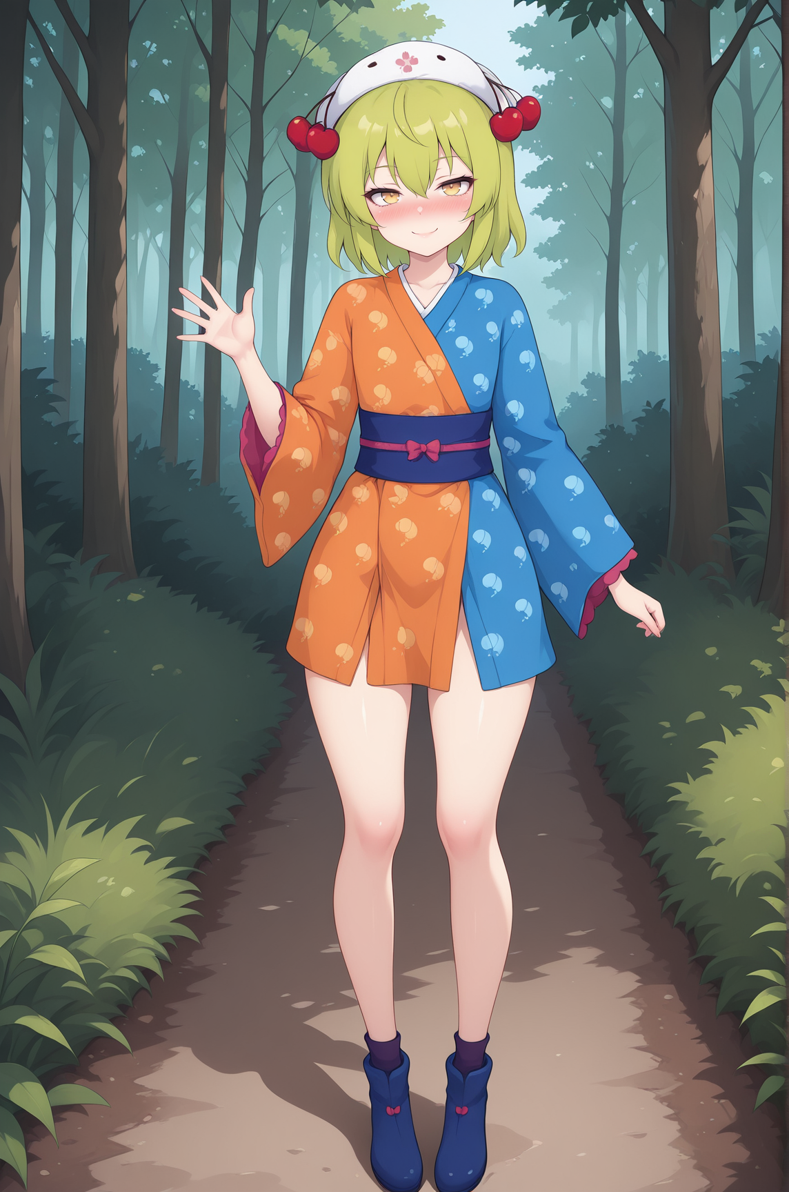 masterpiece,best quality,amazing quality, KoirandoshilVTILXL, 1girl, yellow eyes, green hair, short hair, hair between eyes, white hat, cherry hair ornament, flat chest, japanese clothes, blue kimono, orange kimono, two-tone kimono, blue sash, blue shoes, solo, full body, standing, waving, seductive smile, looking at viewer, naughty face, nose blush, forest, tree     <lora:KoirandoshilVTILXL:1>
