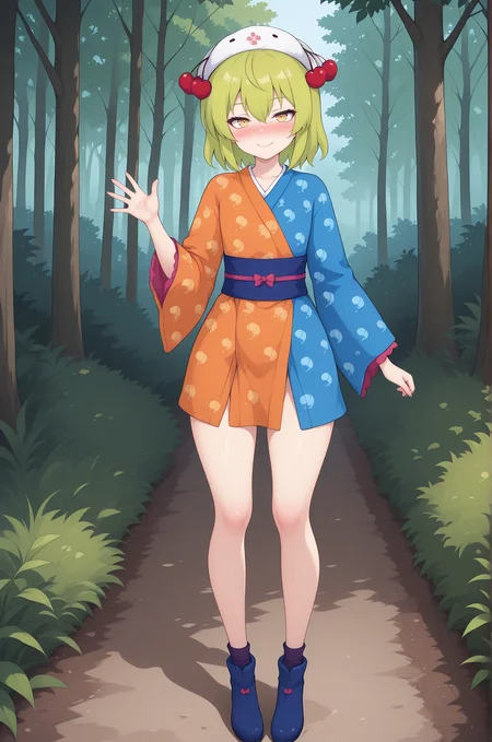 masterpiece,best quality,amazing quality, KoirandoshilVTILXL, 1girl, yellow eyes, green hair, short hair, hair between eyes, white hat, cherry hair ornament, flat chest, japanese clothes, blue kimono, orange kimono, two-tone kimono, blue sash, blue shoes, solo, full body, standing, waving, seductive smile, looking at viewer, naughty face, nose blush, forest, tree     <lora:KoirandoshilVTILXL:1>
