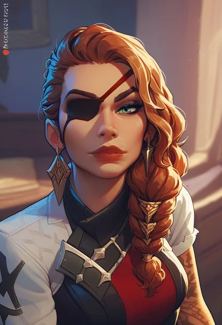 score_9, score_8_up, score_7_up, score_6_up, score_5_up, score_4_up, ,(8k uhd, masterpiece, best quality, high quality, absurdres, ultra-detailed), Samira, League of Legends, FEMALE, WOMAN, eyepatch