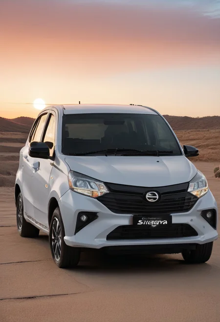 high resolution, best quality, Car, Daihatsu Sigra, Sunrise, desert landscape, clear sky,
