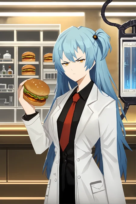 score_9,
<lora:library_of_ruina_v1_pruned:1>,
solo, 1girl, cowboy shot,
lab coat, black shirt, long hair, blue hair, annoyed, looking at viewer, one side up, long sidelocks, red necktie, amber eyes,
indoors, laboratory,
holding burger,
high resolution, Masterpiece, detailed