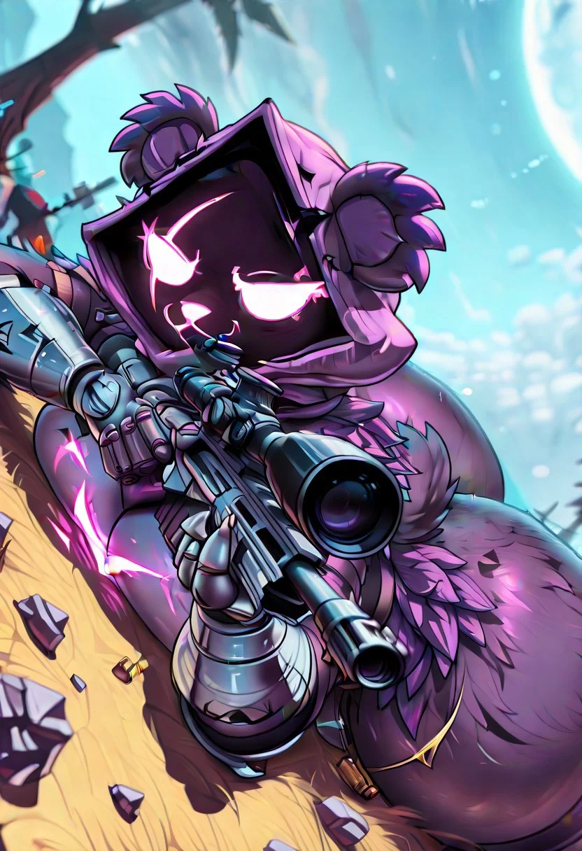 rabbitbrush, 1girl, solo, Raven Team Leader, bear tail, featureless face, glowing face, eye scar, pink face details, purple body, metal gloves, hood, shadow face, big breasts, wide hips, thick tights, plump tights, huge butt, depth of field, focused subject, dynamic angle, dutch angle, laying down, sniper rifle, sniper pose, taking aim, dynamic illumination, dynamic lighting,
masterpiece, best quality, quality, absurdres, highres, incredibly absurdres, very aesthetic, newest, amazing quality, detailed background, fine intricate details