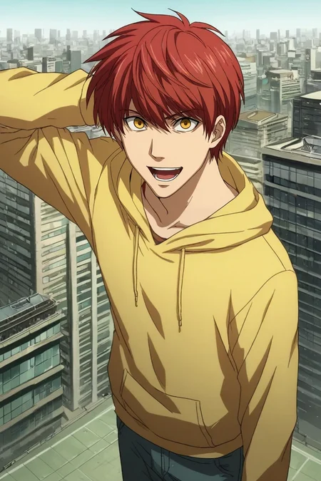 zPDXL, score_9, score_8_up, score_7_up, rating_safe, intricate details, , , 1boy, male focus, gold eyes, dark red hair, straight hair, sweatshirt,, solo, from above, rooftop, tokyo \(city\), building, skyscraper, indoors, light, arm up, laughing, <lora:death_note_style_pony:0.98>, death_note_style, , <lora:sdxl_lightning_8step_lora:1>