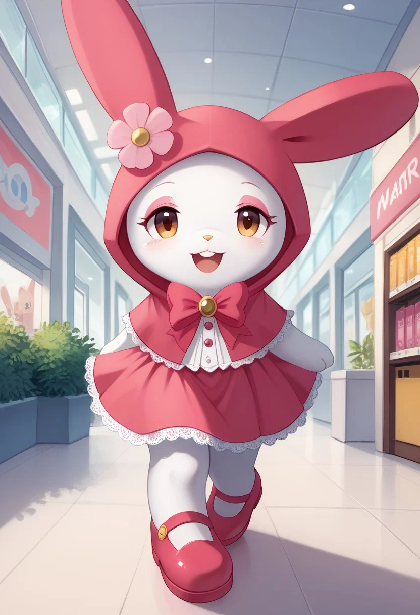 score_9, score_8_up, score_7_up, score_6_up, score_5_up, (ultra realistic, 32k, masterpiece:1.2), (high quality:1.1), Mymelo, antro, female, solo, smile, animal ears, open mouth, full body, day, rabbit ears, no humans, happy, pink flower, animal hood, animal focus, hooded capelet, furry, pokemon (creature), white body, pink ears, mall, bedroom eyes, pink makeup, pink mary jane shoes,, pink gothic dress with lace, pink lipstick, cute smile, looking at viewer, by ancesra