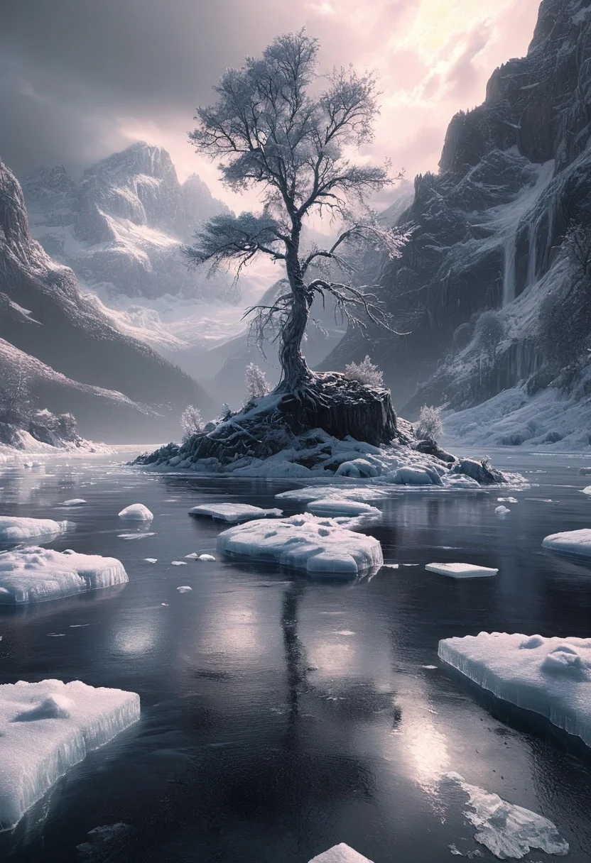 highly detailed, high quality, digital illustration, intricate details, light reflection, trending on artstation, volumetric lighting, extremely clear 8k wallpaper.
A little island covered in snow in a peaceful glacial lake. Dead trees on the island. At Dawn, pinkish hues on the landscape, Icy, Cold touch, peaceful atmosphere, Ground view. Sense of foreboding, (reflective volumetric), raytracing, absurdres.
scenery, gloomy, dark atmosphere, midjourneyv6.1, ais-icebaby