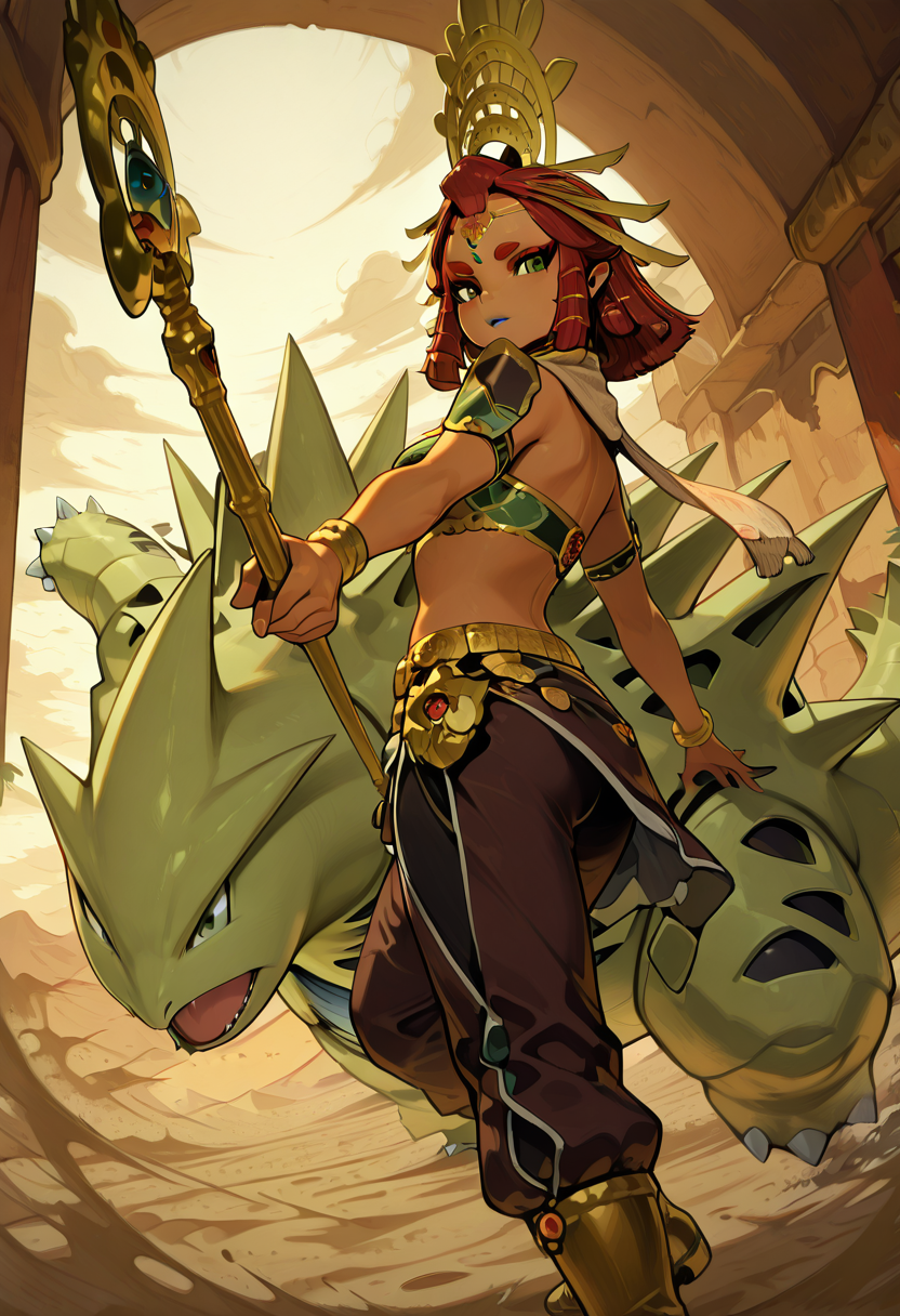 masterpiece, best quality, 1girl, eyelashes, (beautiful eyes), looking at viewer,   (foreshortening, face focus, upper body, side view, dynamic pose),     zzRijuT, tyranitar, desert nomad outfit, flowing brown robe, tan scarf wrapped around head, leather boots, utility belt with pouches, worn gloves, loose pants, intricate beads and jewelry, wooden staff, camel beside her, sandy dunes, desert sun blazing down, oasis in distance, faded ancient ruins, golden sand flowing, (dynamic pose:1.2), (walking through sand:1.3), (holding staff with one hand:1.2), wind sweeping across the dunes, sun-cast shadows, glowing horizon, dry heat in the air, dust clouds, lonely and rugged expression, mystical atmosphere, boundless desert landscape  ,<lora:RijuTyrannitarCitron_IXL:1.0>,