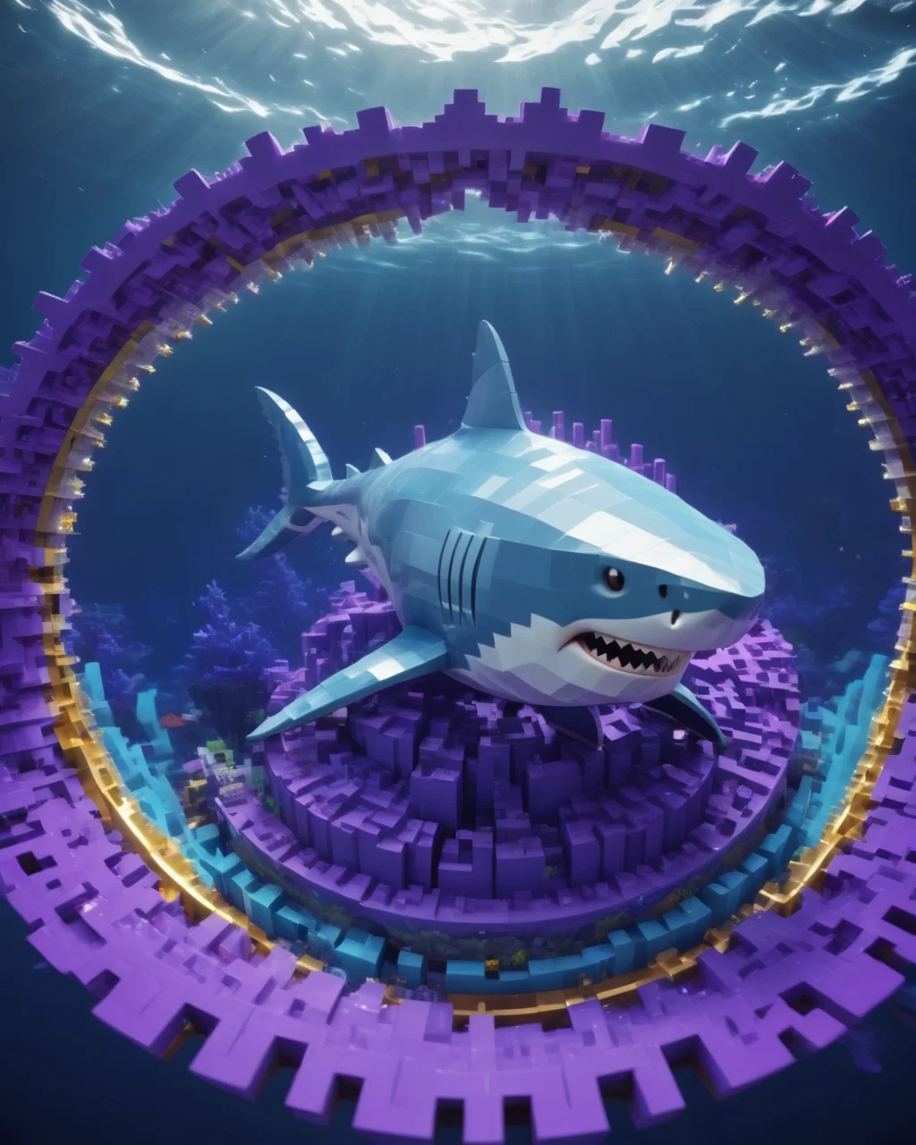 ((best quality)),(masterpiece),shark,awardwinning,Psykadelicwoxel3d,made of voxels, <lora:Psykadelicwoxel3d-step00000350:1>,scenery in the background,underwater