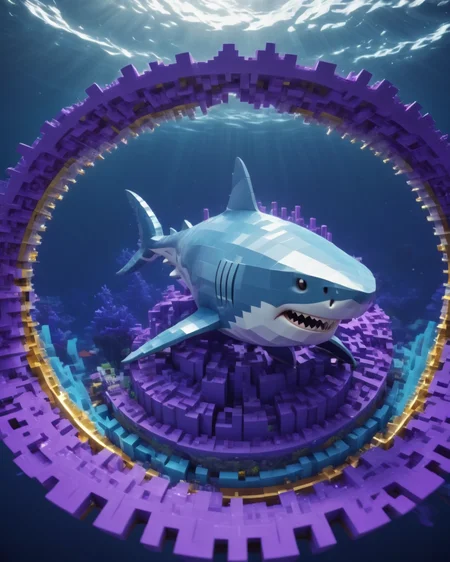 ((best quality)),(masterpiece),shark,awardwinning,Psykadelicwoxel3d,made of voxels, <lora:Psykadelicwoxel3d-step00000350:1>,scenery in the background,underwater