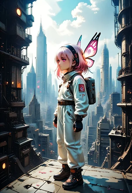 1girl, solo, white hair, hairband, wings, pink eyes, dress, energy wings, building, white dress, multicolored hair, bodysuit, pink hair, night, long hair, outdoors, petals, skyscraper, small breasts, gloves, city, mechanical wings, medium hair, gradient hair, sky, hair between eyes, closed mouth, cityscape, detached wings, fingerless gloves, black gloves,
score_9,score_8_up,score_7_up, futuristic, technological, alien worlds, space themes, advanced civilizations,
alien-worlds, colorful, eeriness, fantasy, futuristic, science-fiction, other-worldliness, pop-culture, posters, contemporary, metaphysics, atmospheric, digital, illustration,
pmg style, MyNewFantasy, Jed-dtl, s1_dram