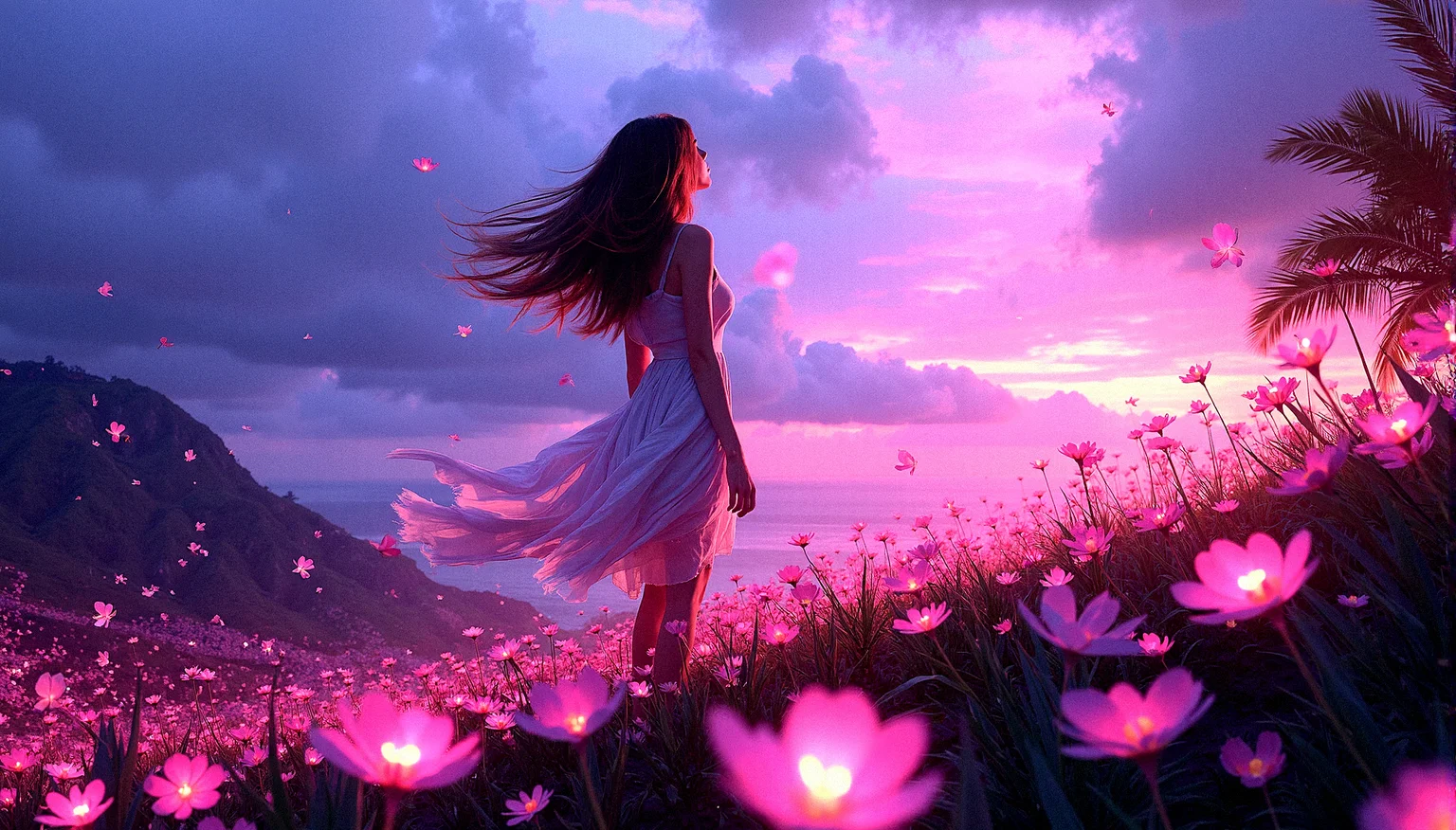 m4d1s0n,
A young lady stands on a hill covered in luminescent flowers, with exotic vegetation surrounding her. A strong wind blows through her long hair, sending petals and leaves swirling through the air. The setting is a magical twilight, with the sky painted in deep purples and pinks. The scene is captured in extreme realism, with intricate details in every element, from the glowing flowers to the sharp background. Adjust the woman’s hand to gently touch or interact with a flower, adding a sense of connection to the environment.Add delicate, intricate shadows from the flowers and leaves onto the woman’s skin, enhancing the interplay of light and shadow.Introduce more layers of vegetation with varying heights and densities, creating a richer and more textured environment.Add more texture to the clouds, with subtle color shifts and details that draw the eye upwards.She perches high on a tree branch or ledge, her tail hanging down, with a watchful, mysterious gaze.
The image is vibrant and serene, with no depth of field, ensuring sharpness throughout the wide shot, rendered in high resolution HDR.