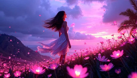 m4d1s0n,
A young lady stands on a hill covered in luminescent flowers, with exotic vegetation surrounding her. A strong wind blows through her long hair, sending petals and leaves swirling through the air. The setting is a magical twilight, with the sky painted in deep purples and pinks. The scene is captured in extreme realism, with intricate details in every element, from the glowing flowers to the sharp background. Adjust the woman’s hand to gently touch or interact with a flower, adding a sense of connection to the environment.Add delicate, intricate shadows from the flowers and leaves onto the woman’s skin, enhancing the interplay of light and shadow.Introduce more layers of vegetation with varying heights and densities, creating a richer and more textured environment.Add more texture to the clouds, with subtle color shifts and details that draw the eye upwards.She perches high on a tree branch or ledge, her tail hanging down, with a watchful, mysterious gaze.
The image is vibrant and serene, with no depth of field, ensuring sharpness throughout the wide shot, rendered in high resolution HDR.