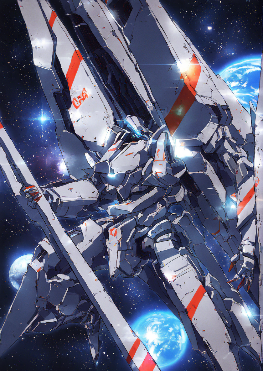 mecha,science fiction,no humans,glowing,retro artstyle,space,star \(sky\),planet,earth \(planet\),space craft,starry sky,weapon,milky way,masterpiece, best quality, very aesthetic, absurdres,,  <lora:sidonia morito-NAI:0.8>