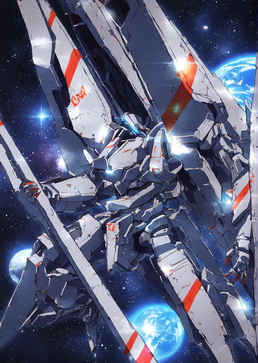 mecha,science fiction,no humans,glowing,retro artstyle,space,star \(sky\),planet,earth \(planet\),space craft,starry sky,weapon,milky way,masterpiece, best quality, very aesthetic, absurdres,, <lora:sidonia morito-NAI:0.8>