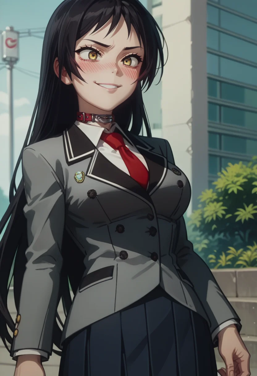 score_9, score_8_up, score_7_up, score_6_up,source_anime, anime screencap, ayame_kajou, 1girl, solo, black hair, long hair, yellow eyes, goofy smile, blush, school uniform, red necktie, blazer, skirt, collar, white shirt, <lora:Ayame_Kajou:1>, large breasts
