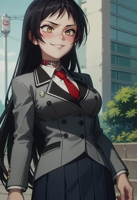 score_9, score_8_up, score_7_up, score_6_up,source_anime, anime screencap, ayame_kajou, 1girl, solo, black hair, long hair, yellow eyes, goofy smile, blush, school uniform, red necktie, blazer, skirt, collar, white shirt, <lora:Ayame_Kajou:1>, large breasts