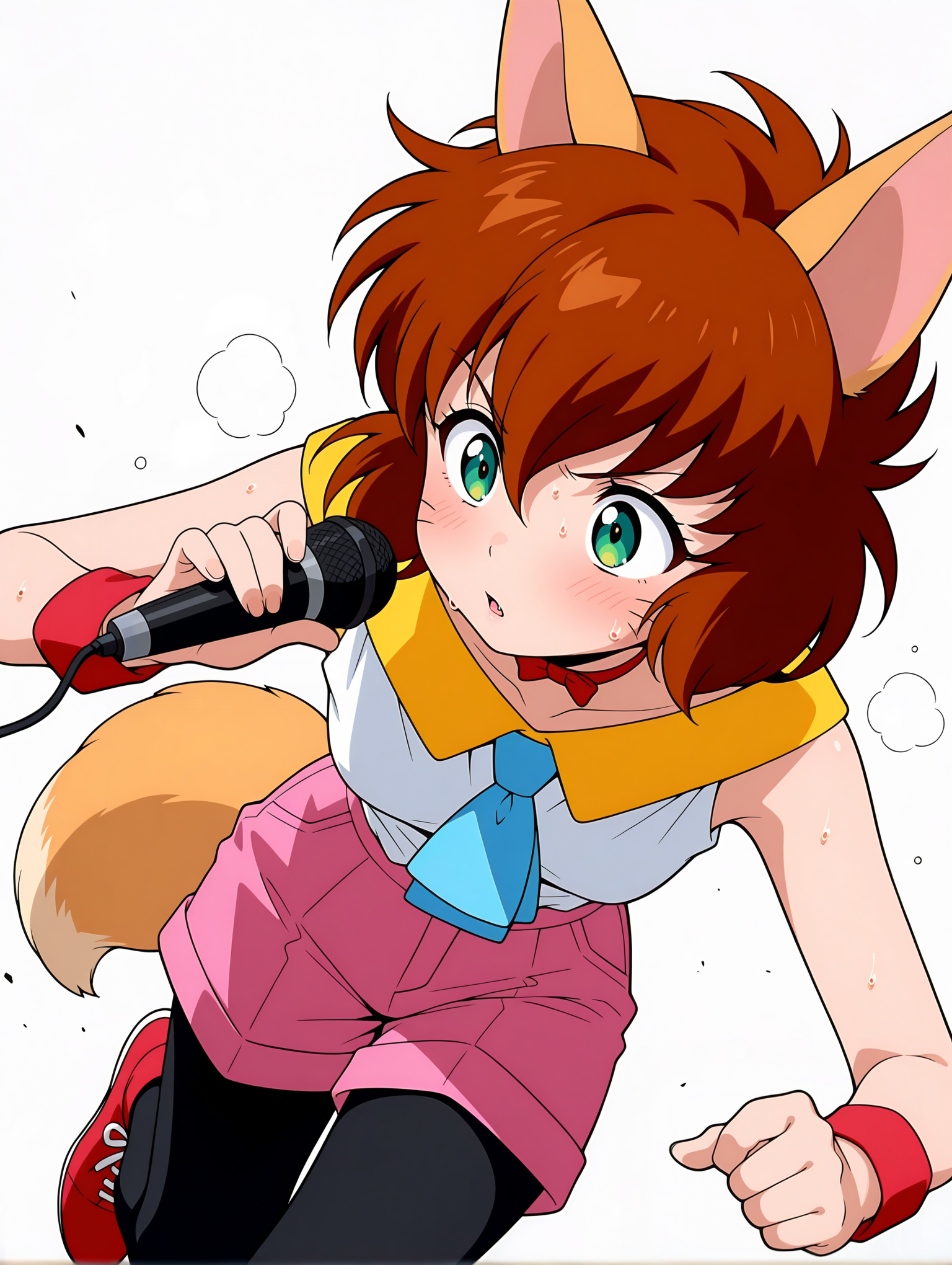 masterpiece,best quality,amazing quality,
1girl,solo,
anime screencap,<lora:koto_ilxl_v1.0:1>,koto,brown hair,green eyes,whiskers,fang out,
k_clothes,yellow collar,red ribbon choker,white sleeveless shirt,blue necktie,pink shorts,fox tail,black_pantyhose,red footwear,k_m,holding microphone,
<lora:Fixhands_anime_bdsqlsz_V1:1>,simple background,running,parted lips,sweat,heavy_breathing,