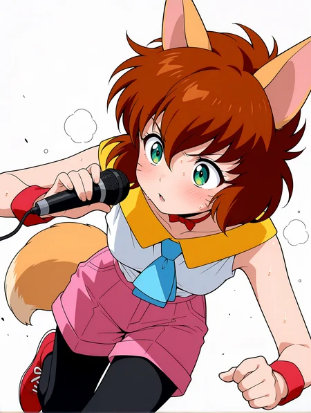 masterpiece,best quality,amazing quality,
1girl,solo,
anime screencap,<lora:koto_ilxl_v1.0:1>,koto,brown hair,green eyes,whiskers,fang out,
k_clothes,yellow collar,red ribbon choker,white sleeveless shirt,blue necktie,pink shorts,fox tail,black_pantyhose,red footwear,k_m,holding microphone,
<lora:Fixhands_anime_bdsqlsz_V1:1>,simple background,running,parted lips,sweat,heavy_breathing,