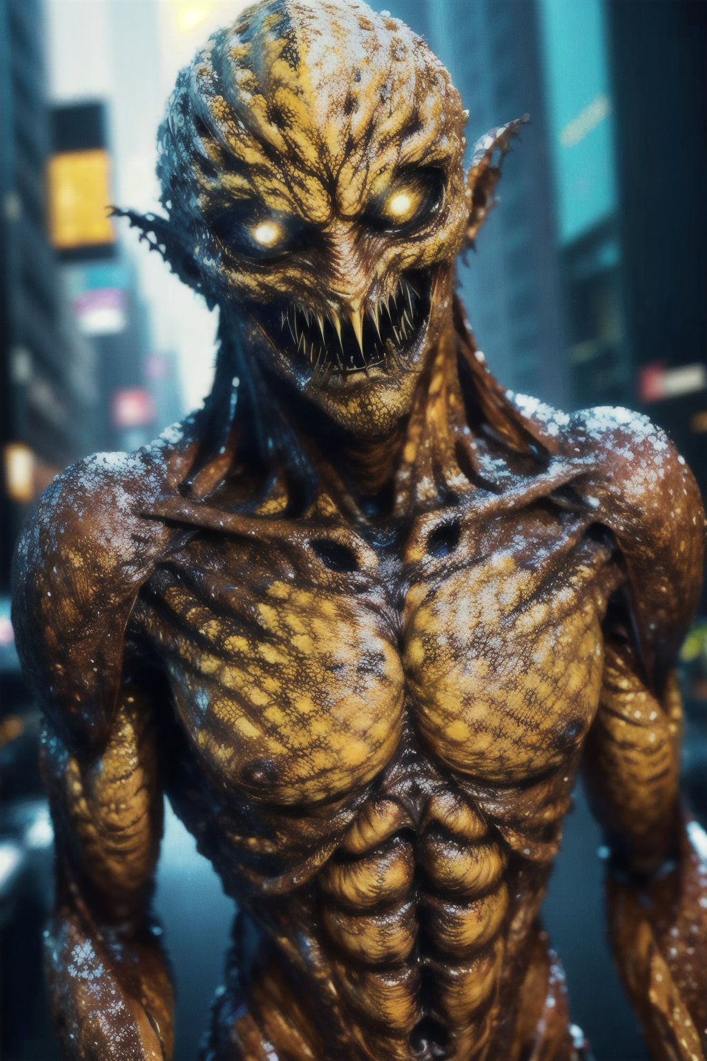 yellow_eyes, blurry_background, blurry, no_humans, upper_body, open_mouth<lora:EdobMonsterFemale2_v2.0:0.8>