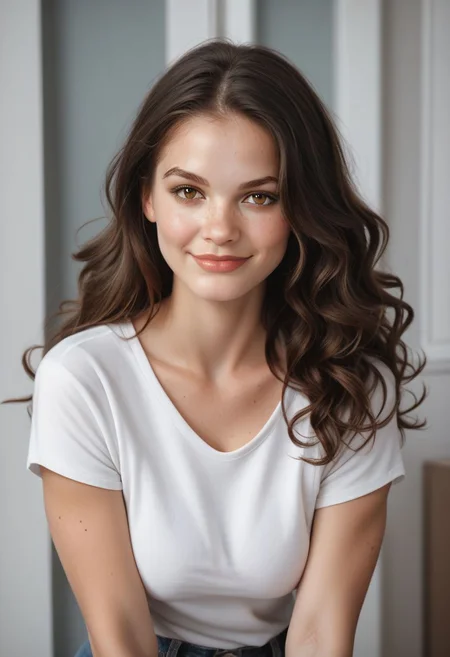 score_9, score_8_up, score_7_up, score_7, score_6_up, solo, 1dk, portrait, close up, zoom in, face focus,
raw, realistic, d3t41l3d,
1girl, 28-year-old, athletic, long hair, wavy hair, dark brown hair, hazel eyes, light freckles, freckles, small beauty mark, beauty mark
casual denim jeans, fitted shirt, white t-shirt,
standing, confident, smiling warmly,
in a cozy apartment, modern apartment.