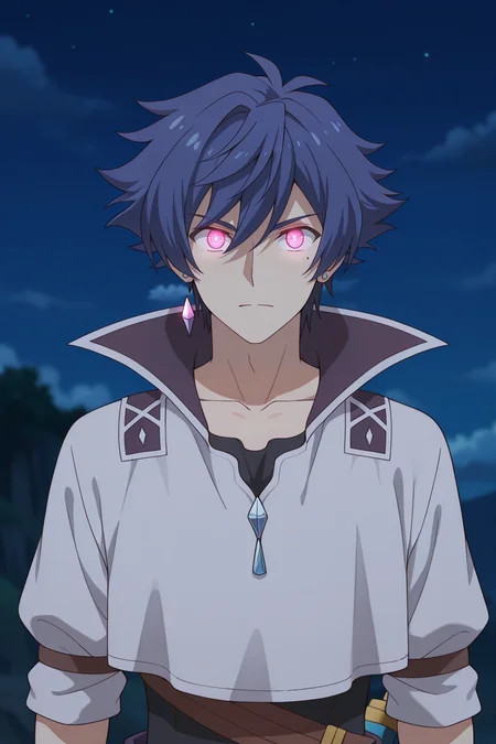 masterpiece, best quality, amazing quality,high resolution, intricate details,official style,depth of field,aanime screencap, , , 1boy, solo, male focus, <lora:Allen_Westfelt:0.95>,allen westfelt,blue hair,spiky hair,short hair,mole,jewelry,looking at viewer, closed mouth, jewelry,pink eyes, earrings, teeth,cloud,divine eyes,mole under eye, glowing eyes, parody, single earring,collarbone,upper body,jump suit,cropped shirt,white shirt,short sleeve,straight-on,sheath,outdoors,night,sky